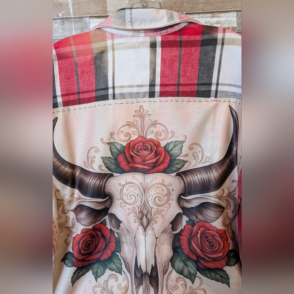 Boho Southwestern Bull W Roses Upcycled Dip Dye Bleached Flannel Shirt - Picture 4 of 15
